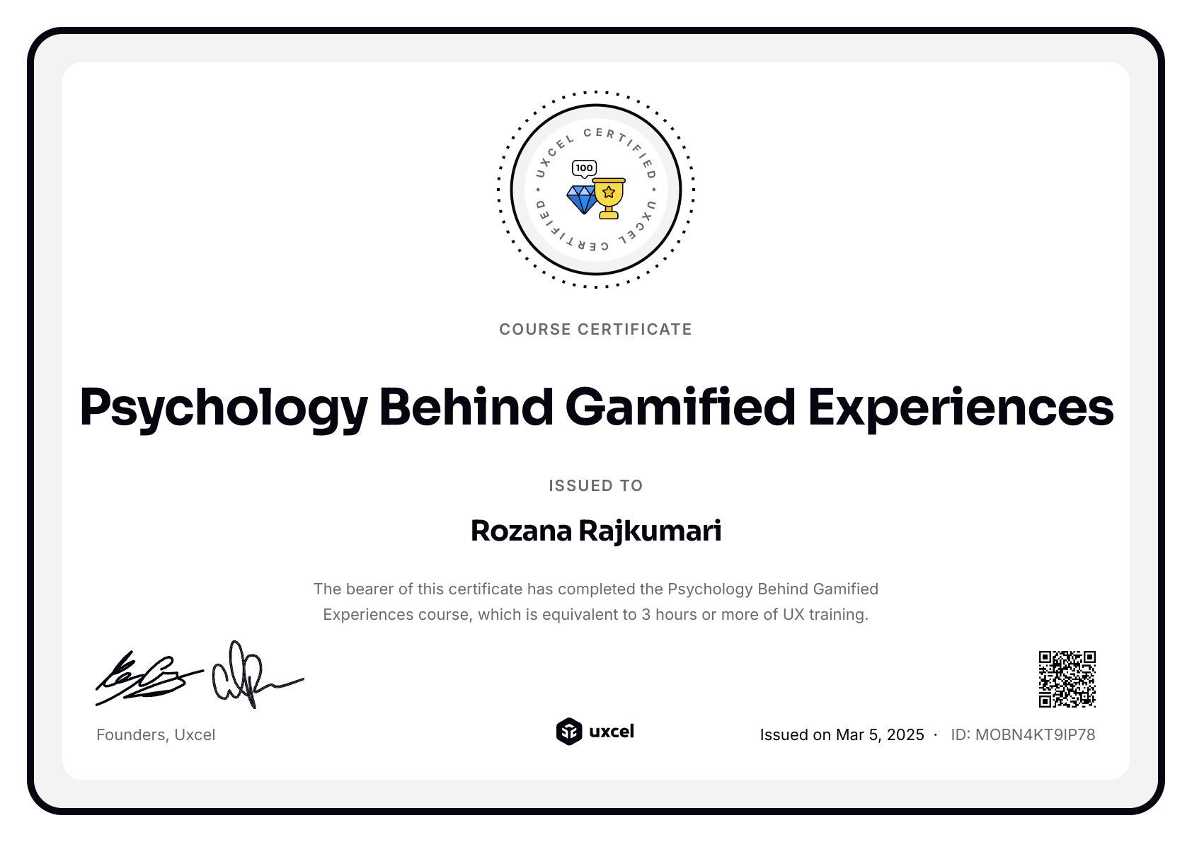 Rozana Rajkumari's certificate